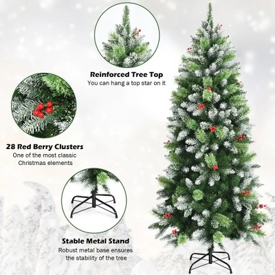 Costway 5ft6ft7.5ft Unlit Snowy Hinged Artificial Christmas Pencil Tree w/ Red Berries 10 Costway 5ft6ft7.5ft Unlit Snowy Hinged Artificial Christmas Pencil Tree w/ Red Berries - Image 8