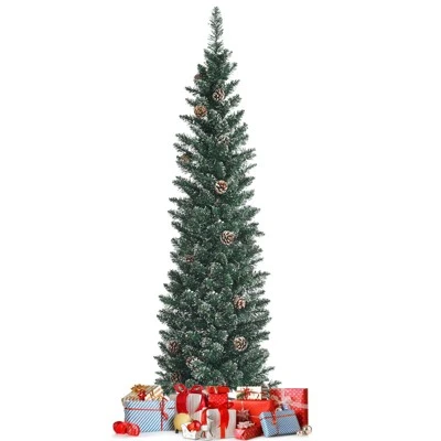 Tangkula 5/6/7FT Slim Pencil Tree Snowy Artificial Christmas Tree with 214/267/351 PVC Branch Tips & 25/31/41 Pine Cones Full Holiday Decoration Tree for Xmas 11 Tangkula 5/6/7FT Slim Pencil Tree Snowy Artificial Christmas Tree with 214/267/351 PVC Branch Tips & 25/31/41 Pine Cones Full Holiday Decoration Tree for Xmas - Image 9