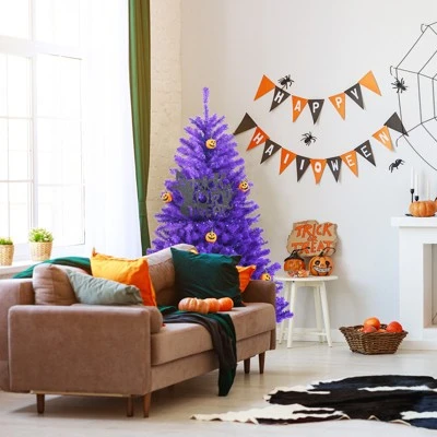 Tangkula Artificial Purple Christmas Tree, Prelit Purple Halloween Tree w/ Orange LED Lights & Pumpkin Ornaments 9 Tangkula Artificial Purple Christmas Tree, Prelit Purple Halloween Tree w/ Orange LED Lights & Pumpkin Ornaments - Image 7