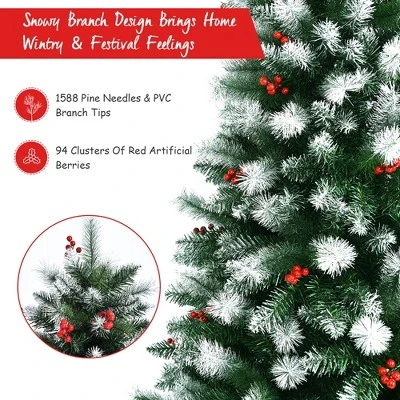Costway 8ft Unlit Hinged Artificial Christmas Tree w/ Snow Flocked Tips and Red Berries 10 Costway 8ft Unlit Hinged Artificial Christmas Tree w/ Snow Flocked Tips and Red Berries - Image 8