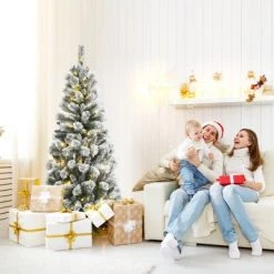 Tangkula Pre-lit Snow Flocked Christmas Pine Tree, Hinged Artificial Xmas Tree W/ Remote-controlled Multi-Color Lights -Outlet Xmas Decor Tree Store GUEST 067ac9c7 39cb 451a 9777 88a881fb3036