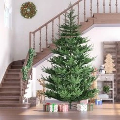 HOMCOM 9 Foot Artificial Christmas Tree, Pine Hinged Xmas Tree with Realistic Branches, Steel Base, Auto Open, Green