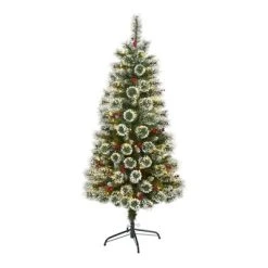 Nearly Natural 5’ Frosted Swiss Pine Prelit LED Artificial Christmas Tree with Berries