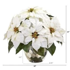 Nearly Natural 14-in Poinsettia Artificial Arrangement in Designer Silver Bowl