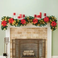 Collections Etc. Collections Etc 9-Foot LED Lighted Festive Poinsettia Garland