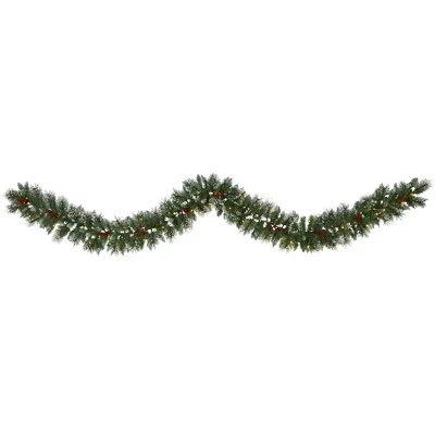 Nearly Natural 9’ Frosted Swiss Pine Artificial Garland with 50 Clear LED Lights and Berries 3 Nearly Natural 9’ Frosted Swiss Pine Artificial Garland with 50 Clear LED Lights and Berries