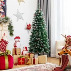 Costway 5ft Pre-lit Artificial Hinged Pencil Christmas Tree Decorated Snow Flocked Tips -Outlet Xmas Decor Tree Store GUEST 0e6017b0 f9aa 47c1 9d34 cb75cec500c7