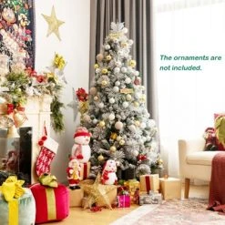 Costway 6ft Artificial Christmas Tree, Snow Flocked Hinged Xmas Tree w/ Pine Needles, Red Berries, Pine Cones & Metal Base