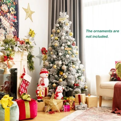 Costway 6ft Artificial Christmas Tree, Snow Flocked Hinged Xmas Tree w/ Pine Needles, Red Berries, Pine Cones & Metal Base 3 Costway 6ft Artificial Christmas Tree, Snow Flocked Hinged Xmas Tree w/ Pine Needles, Red Berries, Pine Cones & Metal Base