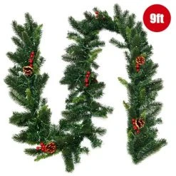 Costway 9Ft Pre-lit Artificial Christmas Garland Red Berries w/ 100 LED Lights & Timer