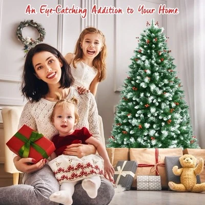 Costway 6ft Unlit Hinged Artificial Christmas Tree w/Snow Flocked Tips and Red Berries 3 Costway 6ft Unlit Hinged Artificial Christmas Tree w/Snow Flocked Tips and Red Berries