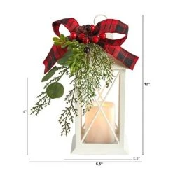 Nearly Natural 12-in Holiday White Lantern With Berries, Pine and Plaid Bow Artificial Christmas Table Arrangement with LED Candle Included