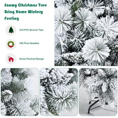 Costway 5ft/6ft/7ft Snow Flocked Hinged Artificial Slim Christmas Tree with Pine Needles 7 Costway 5ft/6ft/7ft Snow Flocked Hinged Artificial Slim Christmas Tree with Pine Needles - Image 5