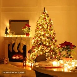 Tangkula Pre-Lit Christmas Spruce Tree Hinged Artificial Tree, Party Decoration w/ Tips, Lights, Pine Cones -Outlet Xmas Decor Tree Store GUEST 1516ccaf fb1c 4622 9c21 90d130a83b8d