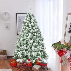Costway 4.5FT Artificial Hinged Christmas Tree Snow Flocked Pine Tree w/400 Tips and Foldable Base