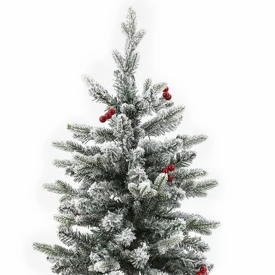 LuxenHome 5ft Pre-Lit LED Artificial Flocked Slim Fir Christmas Tree with Metal Pot and Red Holly Berries 5 LuxenHome 5ft Pre-Lit LED Artificial Flocked Slim Fir Christmas Tree with Metal Pot and Red Holly Berries - Image 3