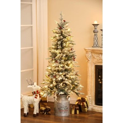 LuxenHome 5ft Pre-Lit LED Artificial Flocked Slim Fir Christmas Tree with Metal Pot and Red Holly Berries 4 LuxenHome 5ft Pre-Lit LED Artificial Flocked Slim Fir Christmas Tree with Metal Pot and Red Holly Berries - Image 2
