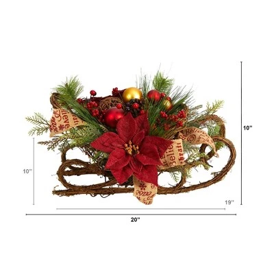 Nearly Natural 18-in Christmas Sleigh with Poinsettia, Berries and Pinecone Artificial Arrangement with Ornaments 3 Nearly Natural 18-in Christmas Sleigh with Poinsettia, Berries and Pinecone Artificial Arrangement with Ornaments