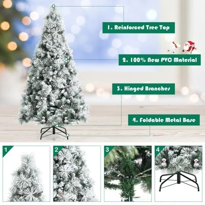 Costway 6ft Artificial Christmas Tree, Snow Flocked Hinged Xmas Tree w/ Pine Needles, Red Berries, Pine Cones & Metal Base 9 Costway 6ft Artificial Christmas Tree, Snow Flocked Hinged Xmas Tree w/ Pine Needles, Red Berries, Pine Cones & Metal Base - Image 7