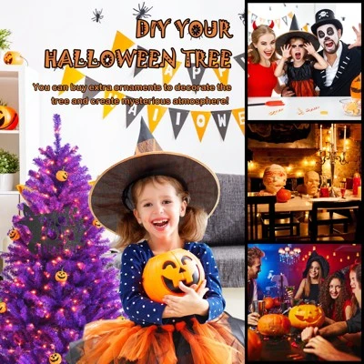 Tangkula Artificial Purple Christmas Tree, Prelit Purple Halloween Tree w/ Orange LED Lights & Pumpkin Ornaments 7 Tangkula Artificial Purple Christmas Tree, Prelit Purple Halloween Tree w/ Orange LED Lights & Pumpkin Ornaments - Image 5