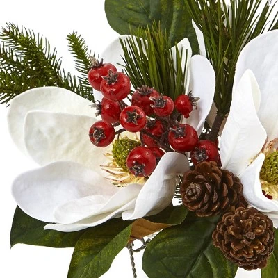 Magnolia, Pine, and Berry Holiday Arrangement in Glass Vase - Nearly Natural 3 Magnolia, Pine, and Berry Holiday Arrangement in Glass Vase - Nearly Natural