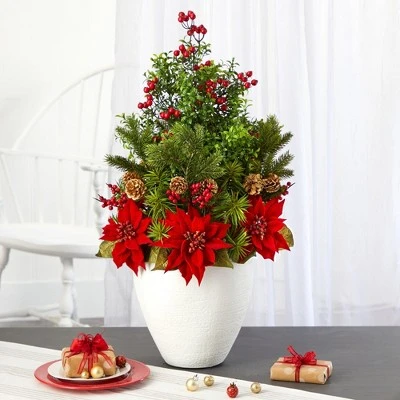 Nearly Natural 32-in Poinsettia, Boxwood and Succulent Artificial Arrangement in White Vase 5 Nearly Natural 32-in Poinsettia, Boxwood and Succulent Artificial Arrangement in White Vase - Image 3