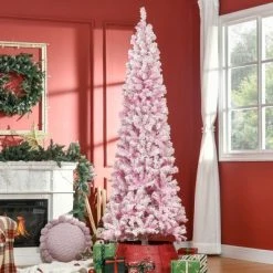HOMCOM 7.5' Tall Unlit Snow Flocked Artificial Christmas Tree Slim Pencil Xmas Tree with Pine Shape and Realistic Branches, Pink 8 HOMCOM 7.5' Tall Unlit Snow Flocked Artificial Christmas Tree Slim Pencil Xmas Tree with Pine Shape and Realistic Branches, Pink -Outlet Xmas Decor Tree Store GUEST 1fd9e0ac c654 4624 826d a2c7147a7aa6
