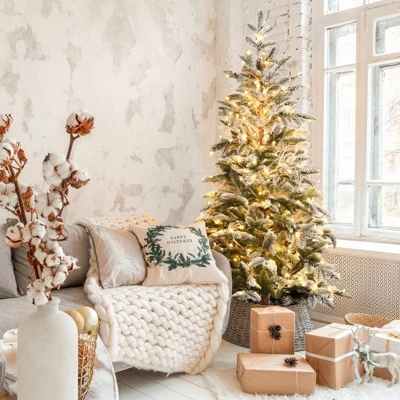 Tangkula 6ft Artificial Snow Flocked Pencil Christmas Tree Pre-Lit Faux-Pine Tree W/250 Warm White LED Lights 9 Tangkula 6ft Artificial Snow Flocked Pencil Christmas Tree Pre-Lit Faux-Pine Tree W/250 Warm White LED Lights - Image 7