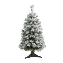 Nearly Natural 3' Flocked White River Mountain Pine Artificial Christmas Tree with Pinecones