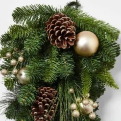 28" Unlit Artificial Pine Christmas Swag with Champagne Glitter Ornaments - Wondershop™