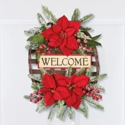 Collections Etc. Collections Etc Hanging Poinsettia Wooden Welcome Wall Basket 14 X 4.5 X 19