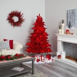 6ft Nearly Natural Pre-Lit Red Flocked Fraser Fir Artificial Christmas Tree Red Lights -Outlet Xmas Decor Tree Store GUEST 23bf1511 cb1a 4f28 81e5 79d532b5608b