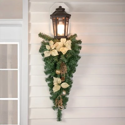 Northlight 34" Unlit Gold Poinsettia and Pinecone Artificial Christmas Teardrop Swag 3 Northlight 34" Unlit Gold Poinsettia and Pinecone Artificial Christmas Teardrop Swag