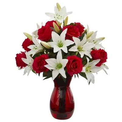 Nearly Natural 21-in Roses & Lilies Artificial Arrangement in Red Vase 3 Nearly Natural 21-in Roses & Lilies Artificial Arrangement in Red Vase