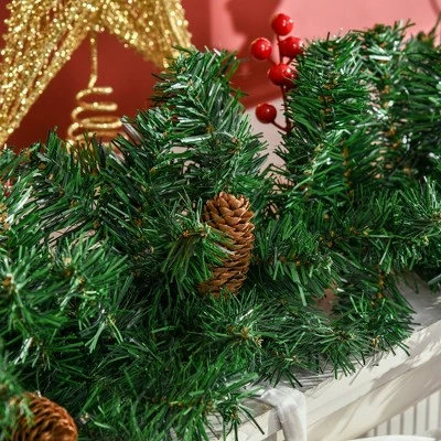 HOMCOM Prelit Holiday Christmas 4-Piece Set, Garland Wreath and Set of 2 Entrance Trees with Warm White LED Lights, Red Berries, Pine Cones, Green 7 HOMCOM Prelit Holiday Christmas 4-Piece Set, Garland Wreath and Set of 2 Entrance Trees with Warm White LED Lights, Red Berries, Pine Cones, Green - Image 5