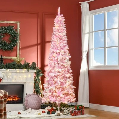 HOMCOM Prelit Snow Flocked Artificial Christmas Tree with Pencil Shape, Pine Realistic Branches, Warm White LED lights, Auto Open, Pink and White 4 HOMCOM Prelit Snow Flocked Artificial Christmas Tree with Pencil Shape, Pine Realistic Branches, Warm White LED lights, Auto Open, Pink and White - Image 2