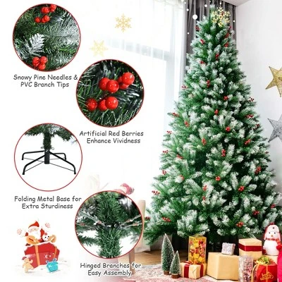 Costway 8ft Unlit Hinged Artificial Christmas Tree w/ Snow Flocked Tips and Red Berries 9 Costway 8ft Unlit Hinged Artificial Christmas Tree w/ Snow Flocked Tips and Red Berries - Image 7