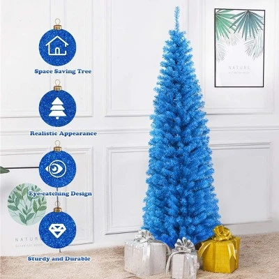 Tangkula 6FT Blue Tinsel Artificial Pencil Christmas Tree w/ Sturdy Metal Stand Seasonal Holiday Decoration for Home, Party 7 Tangkula 6FT Blue Tinsel Artificial Pencil Christmas Tree w/ Sturdy Metal Stand Seasonal Holiday Decoration for Home, Party - Image 5
