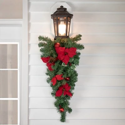 Northlight 32" Red Poinsettia Pine Cone and Ball Artificial Christmas Teardrop Swag, Unlit 3 Northlight 32" Red Poinsettia Pine Cone and Ball Artificial Christmas Teardrop Swag, Unlit