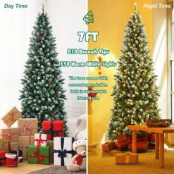 Costway 7ft Pre-lit Artificial Hinged Pencil Christmas Tree Decorated Snow Flocked Tips -Outlet Xmas Decor Tree Store GUEST 2ec4783b 68a1 48f8 8ed8 ad5d3bdd3b48