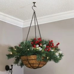 Sunnydaze Decor Sunnydaze Indoor Pre-Lit Artificial Christmas Hanging Basket with Holly Berries and Frosted Pinecones - 20"
