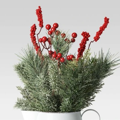 18.5" Metal Pitcher with Frosted Faux Greenery and Red Berries Christmas Artificial Plant Arrangement White - Wondershop™ 4 18.5" Metal Pitcher with Frosted Faux Greenery and Red Berries Christmas Artificial Plant Arrangement White - Wondershop™ - Image 2