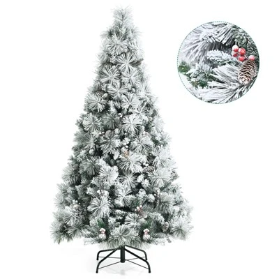 Costway 6ft Artificial Christmas Tree, Snow Flocked Hinged Xmas Tree w/ Pine Needles, Red Berries, Pine Cones & Metal Base 6 Costway 6ft Artificial Christmas Tree, Snow Flocked Hinged Xmas Tree w/ Pine Needles, Red Berries, Pine Cones & Metal Base - Image 4