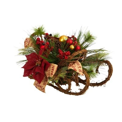 Nearly Natural 18-in Christmas Sleigh with Poinsettia, Berries and Pinecone Artificial Arrangement with Ornaments 4 Nearly Natural 18-in Christmas Sleigh with Poinsettia, Berries and Pinecone Artificial Arrangement with Ornaments - Image 2