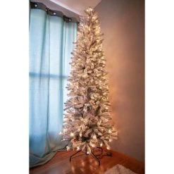 Home Heritage Anson 7-Foot Pencil Slim Pine Flocked Artificial Christmas Tree Prelit with 350 Clear Incandescent Lights, 938 PVC Tips, and Stand -Outlet Xmas Decor Tree Store GUEST 38c95822 cab3 49f4 bac5 5f07104870c9