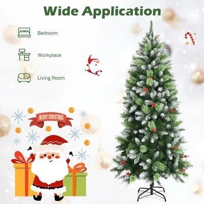 Costway 5ft6ft7.5ft Unlit Snowy Hinged Artificial Christmas Pencil Tree w/ Red Berries 8 Costway 5ft6ft7.5ft Unlit Snowy Hinged Artificial Christmas Pencil Tree w/ Red Berries - Image 6