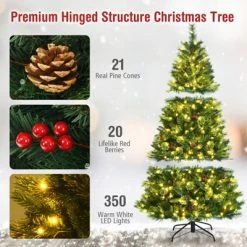 Tangkula Pre-Lit Christmas Spruce Tree Hinged Artificial Tree, Party Decoration w/ Tips, Lights, Pine Cones -Outlet Xmas Decor Tree Store GUEST 39d44b19 0e2b 4449 8895 022f528bca99