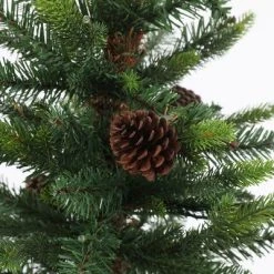 LuxenHome 5Ft Pre-Lit LED Artificial Slim Pine Christmas Tree with Pine Cones, Berries, and Red Wood Planter -Outlet Xmas Decor Tree Store GUEST 3b33442b 5b61 48fb b70e 5e14d510a9cf