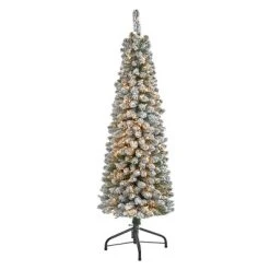 Nearly Natural 5’ Flocked Pencil Prelit LED Artificial Christmas Tree