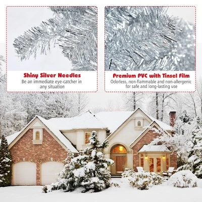 Tangkula 6Ft Hinged Artificial Silver Tinsel Christmas Tree with Metal Stand 9 Tangkula 6Ft Hinged Artificial Silver Tinsel Christmas Tree with Metal Stand - Image 7